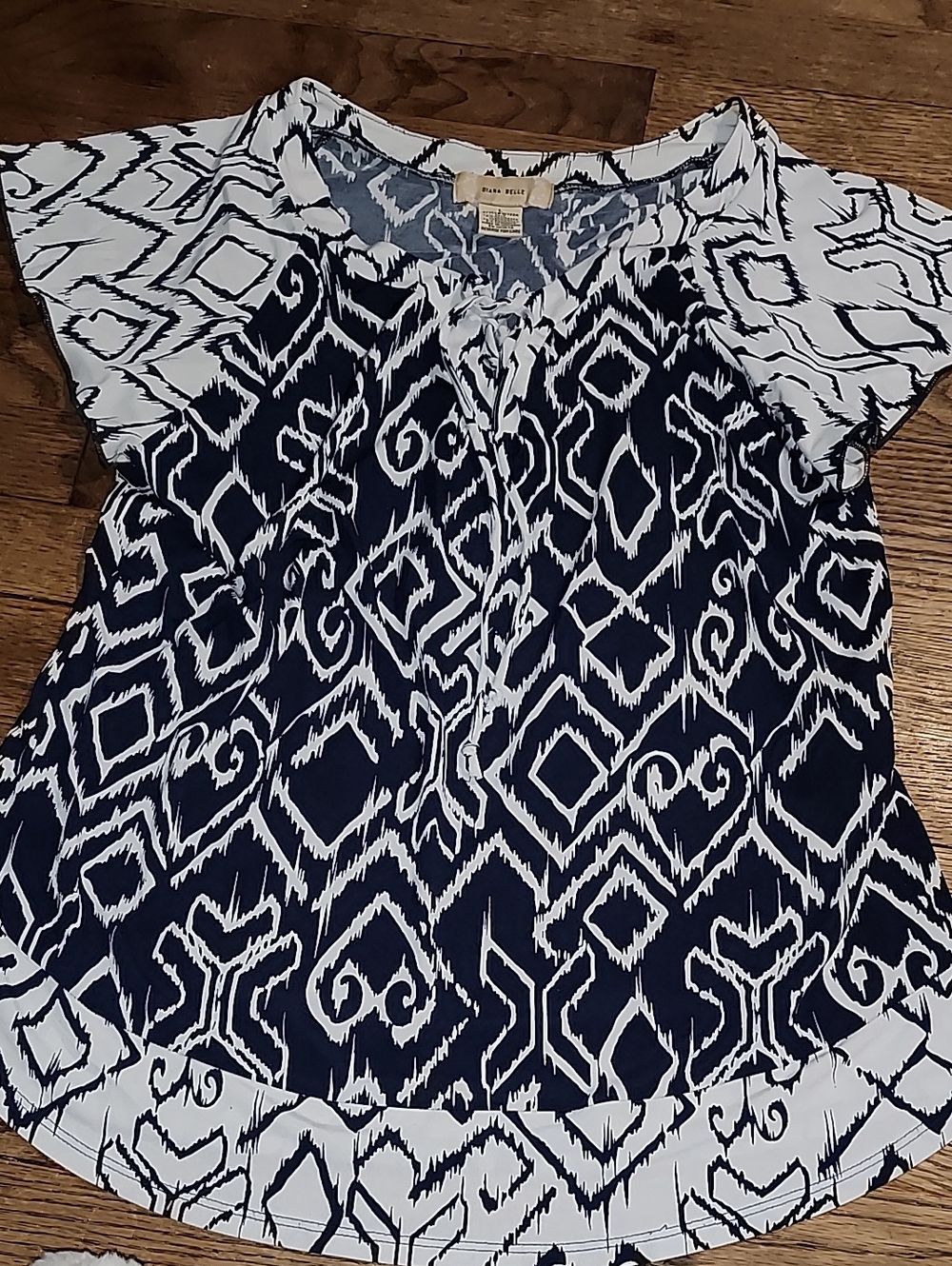 Navy & White Patterned Short-Sleeve Tie-Front Blouse